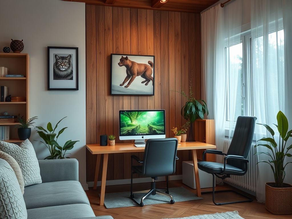 Современный дом с рабочим столом, растениями и картинами кошки и собаки на деревянной стене.