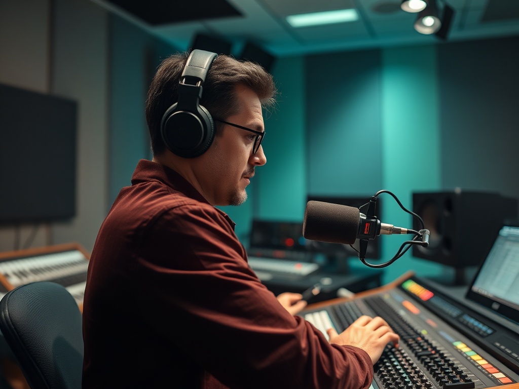 Музыкант работает в студии, управляя оборудованием и микрофоном, сосредоточенный на звуке.