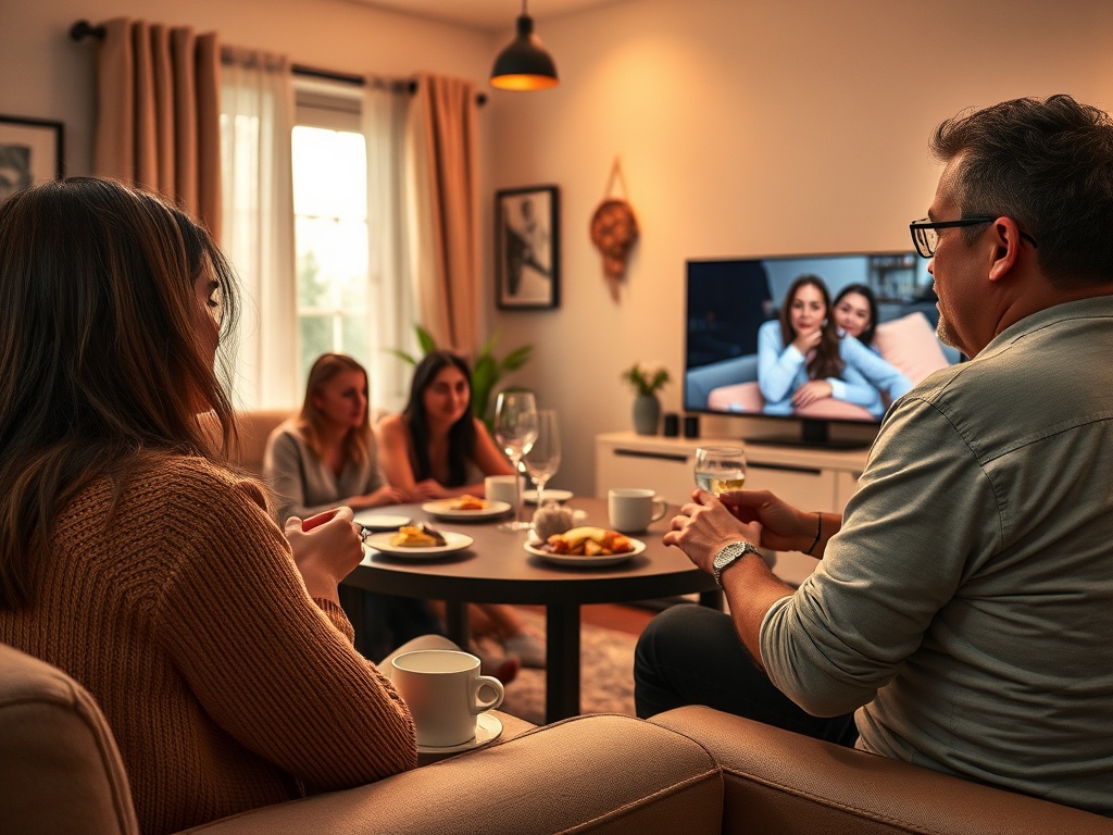 Четыре человека отдыхают в уютной комнате, смотрят телевизор и наслаждаются чаем и закусками.