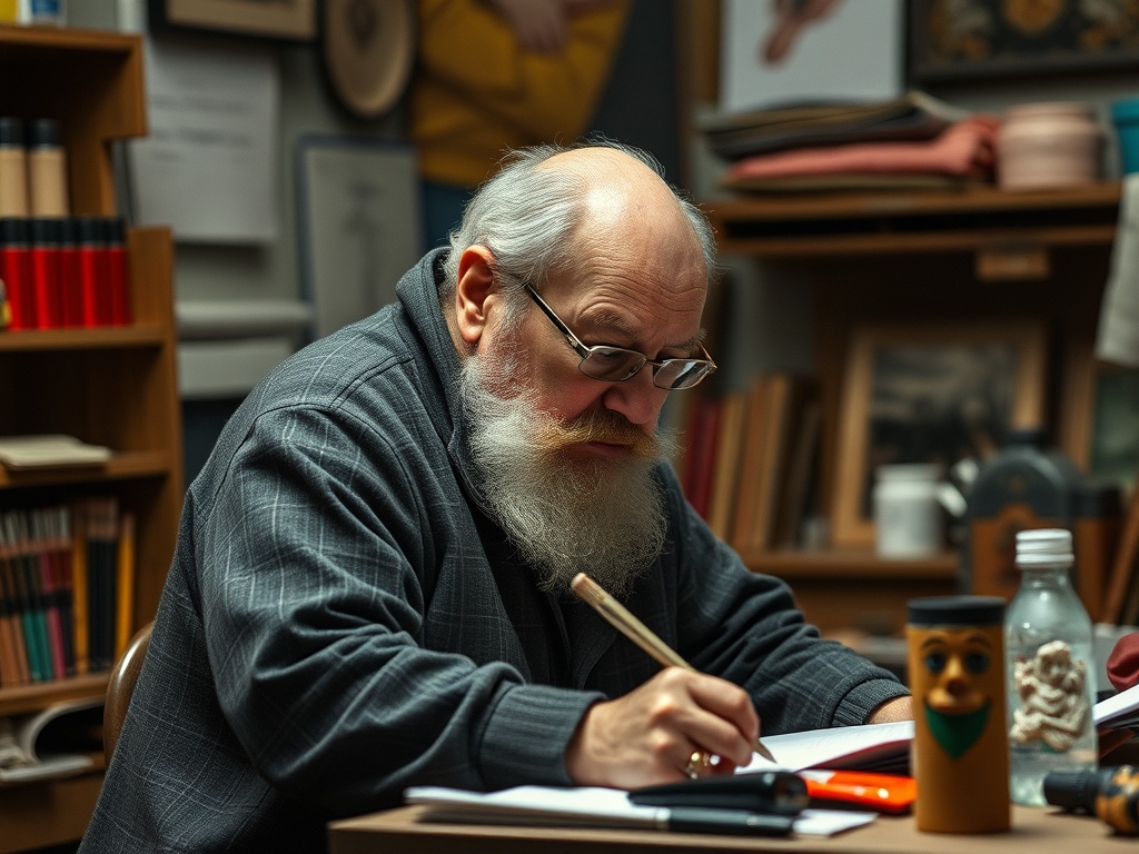 Пожилой мужчина с белой бородой пишет на бумаге за столом, окружённый книгами и предметами.