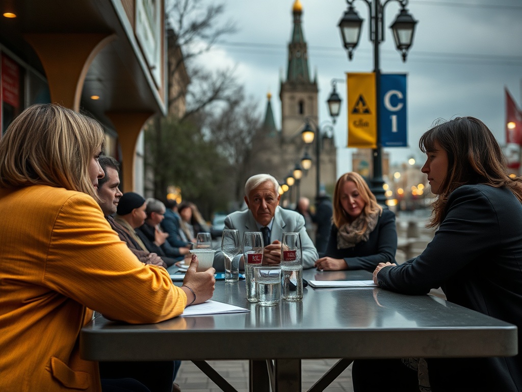 Группа людей обсуждает что-то за столом на улице, вокруг них городская атмосфера и здания.