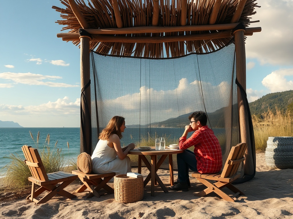 Два человека сидят за столом на пляже с видом на море, наслаждаясь отдыхом и беседой.