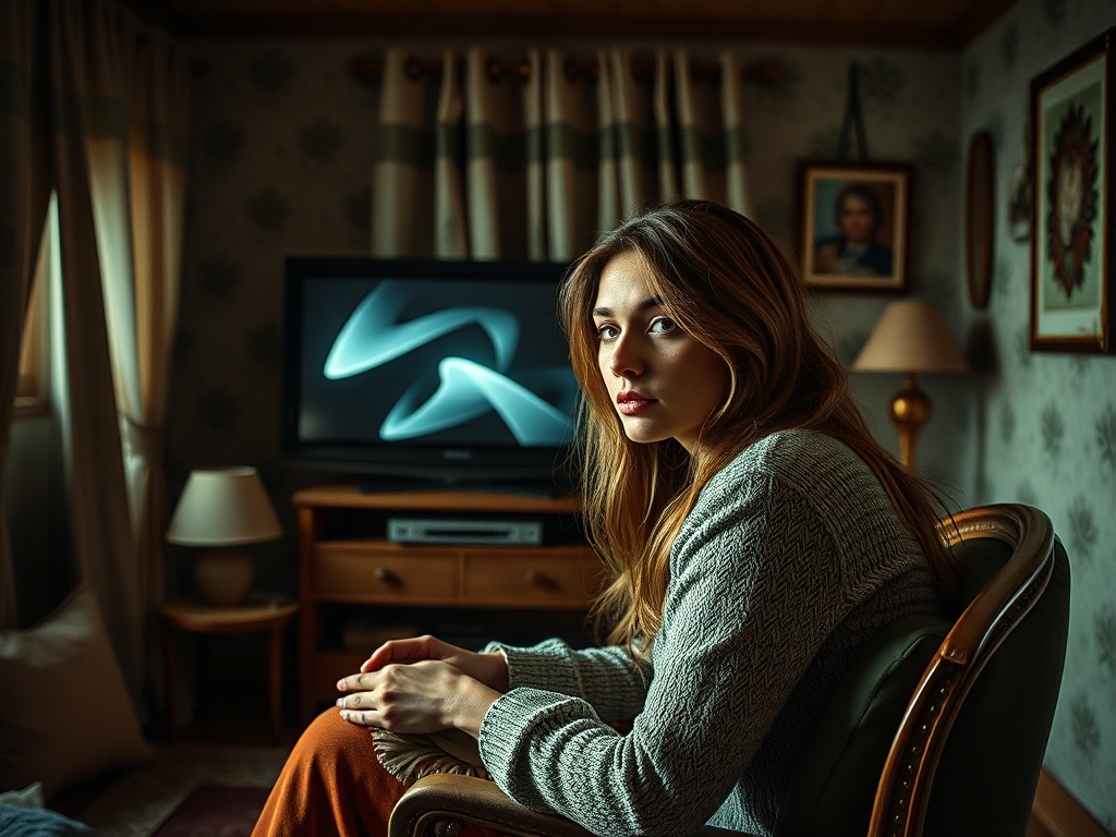 На изображении девушка сидит в кресле в уютной комнате. На стене висят картины, а в углу стоит телевизор.