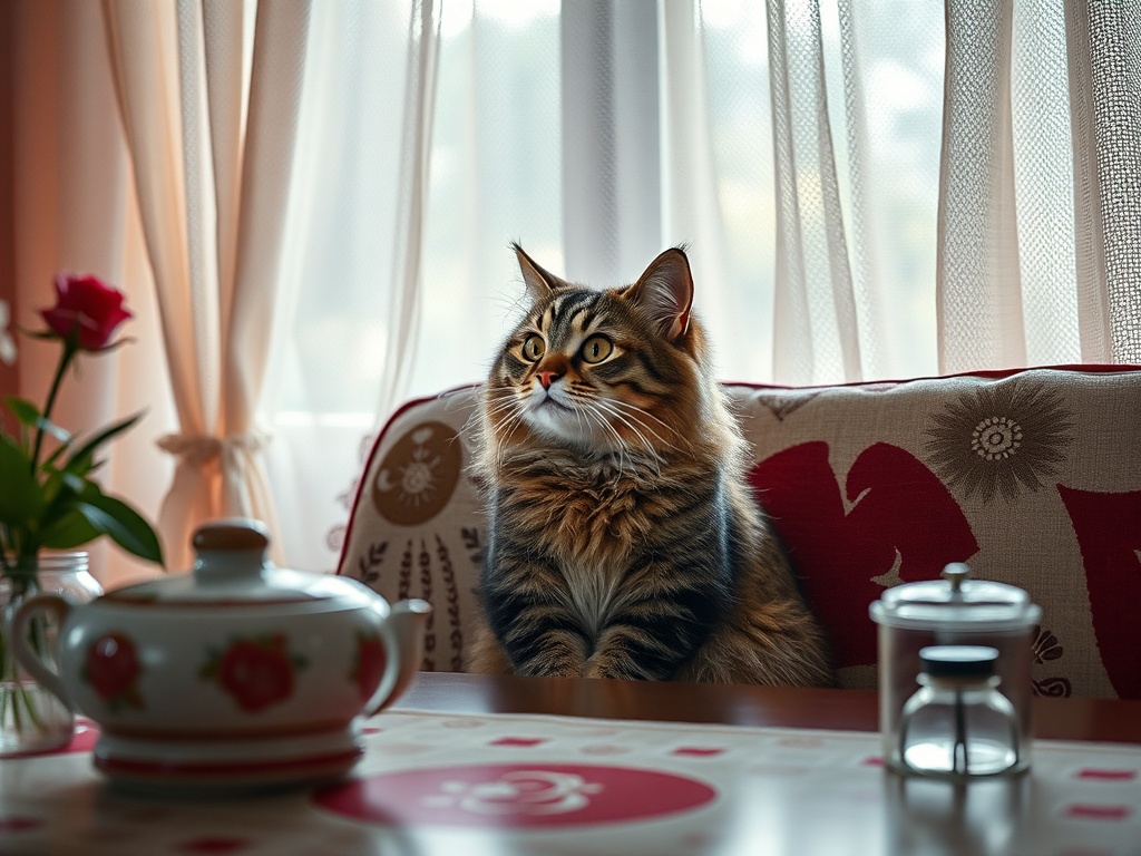 Кошка сидит на диване, смотрит в окно, рядом цветы и чайник на столе в уютной атмосфере.