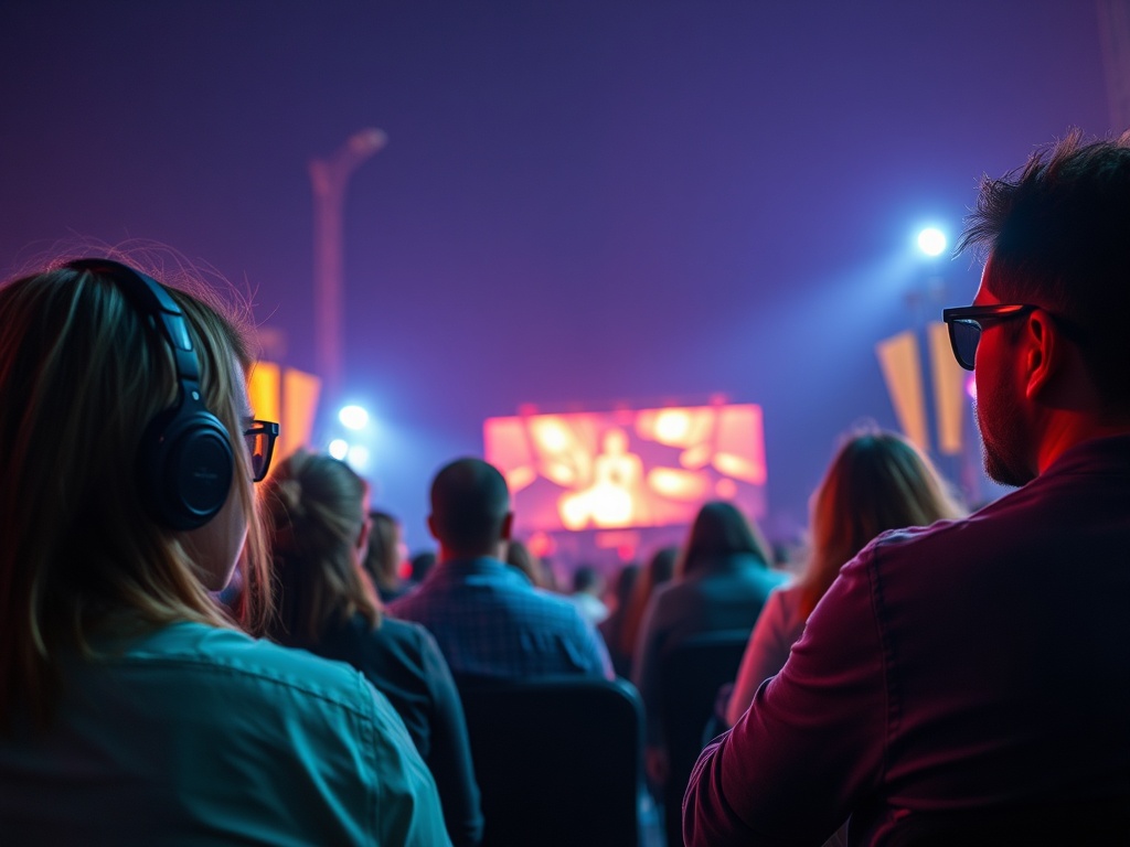 Люди с наушниками и очками смотрят на экран на мероприятии с яркими огнями и атмосферой.