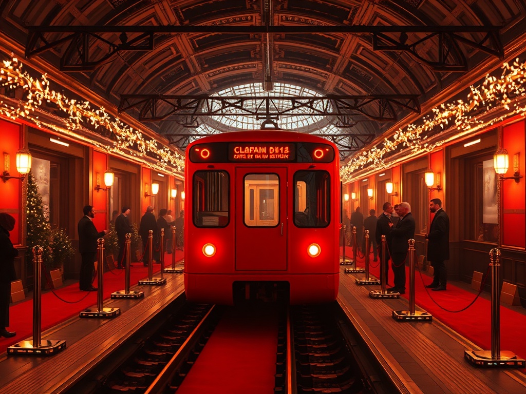 Красный поезд на станции, украшенной огнями и красной дорожкой, посетители стоят в ожидании.