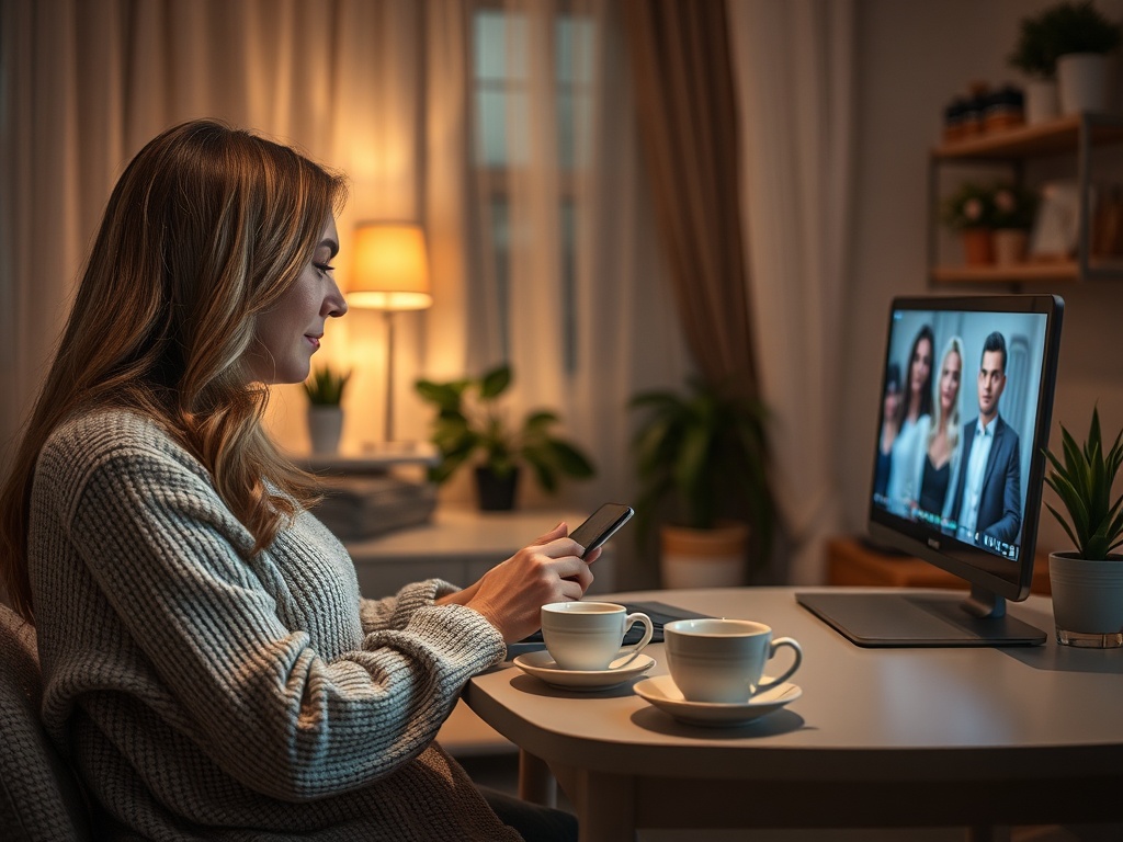 Женщина сидит за столом, смотрит на экран монитора и использует смартфон. На столе две чашки.