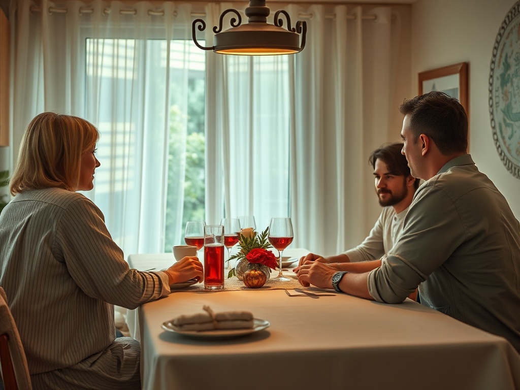 Трое друзей сидят за столом в уютной обстановке, обсуждая что-то за чашками и бокалами.