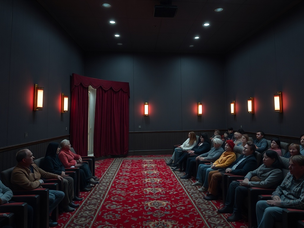 В зале сидят люди, смотрящие на сцену с красной занавеской и тусклым освещением. Атмосфера напряженная.