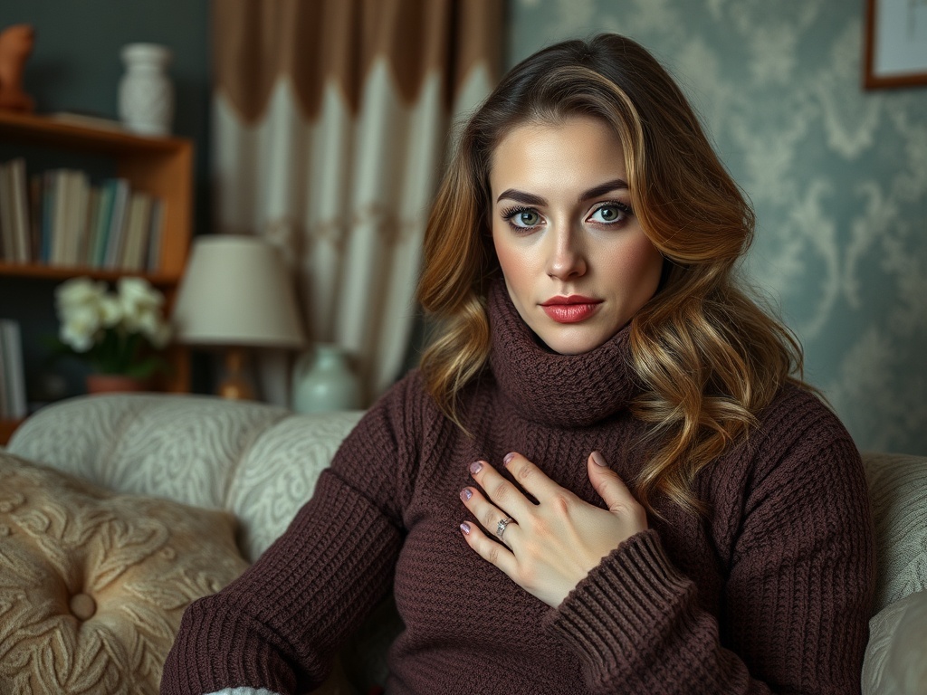 Женщина в уютном свитере сидит на диване с задумчивым выражением лица, руки на груди.