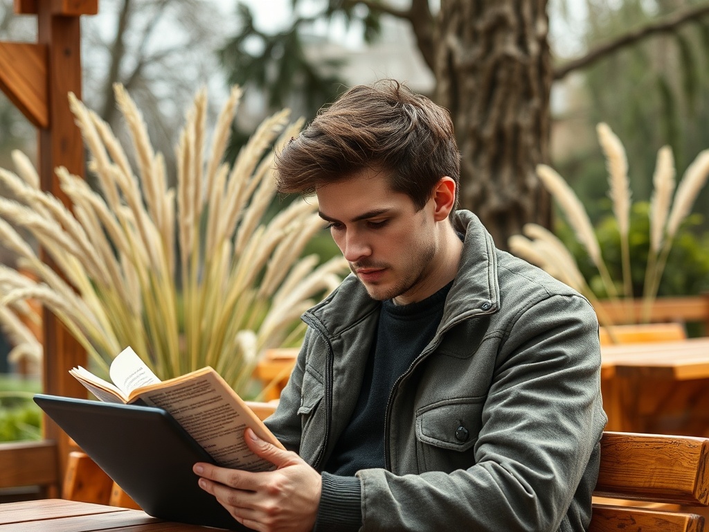 Молодой человек читает книгу на улице среди зелени и деревянной мебели. Спокойная атмосфера.