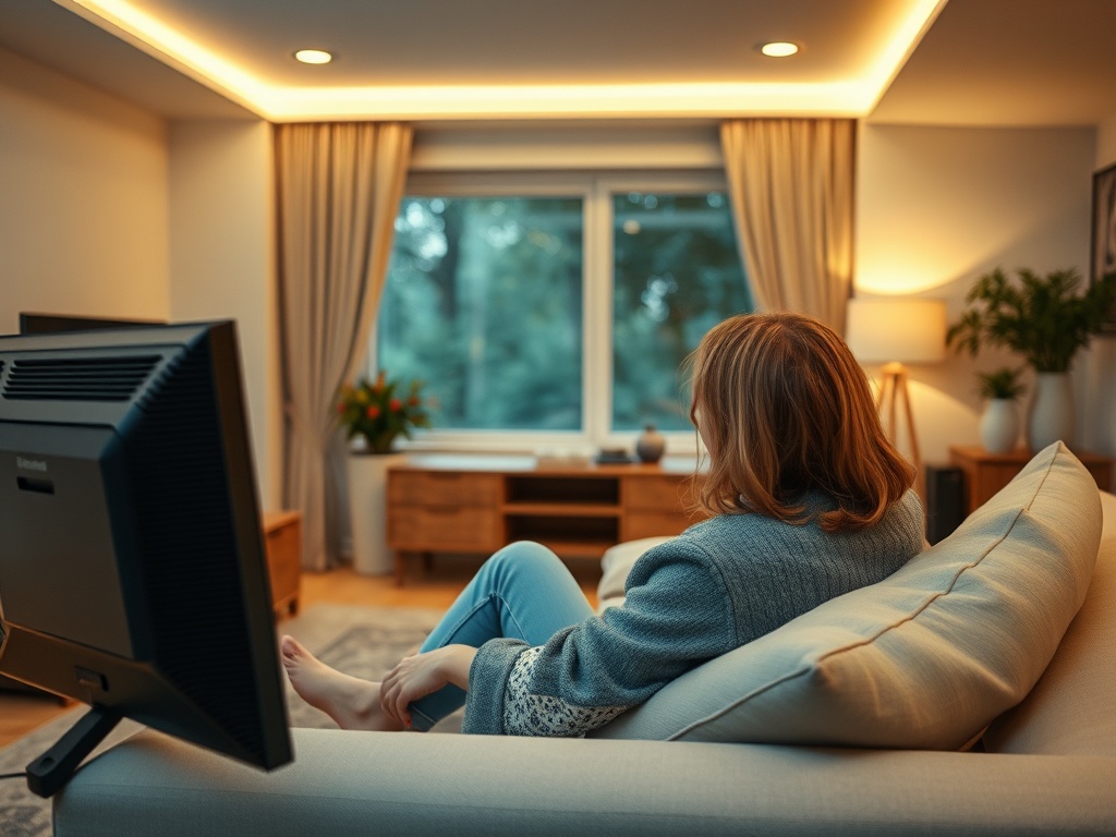 Женщина сидит на диване, смотрит телевизор в уютной комнате с окнами и мягким освещением.