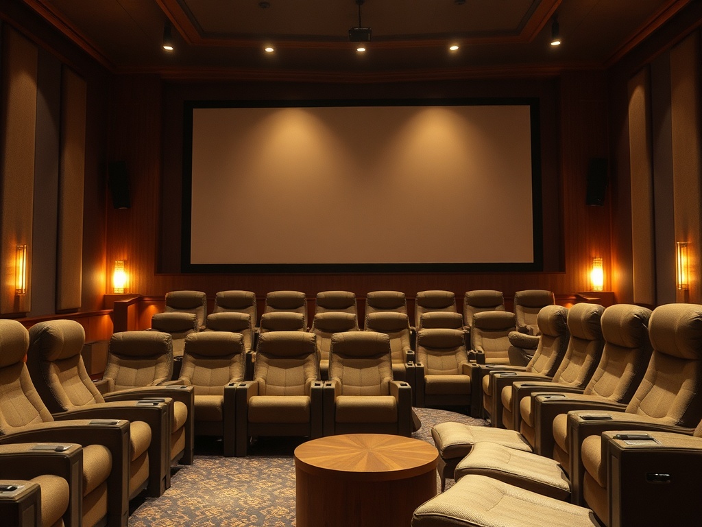 Зал кинотеатра с комфортными креслами и большим экраном, готовый к просмотру фильма.