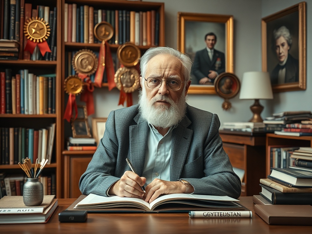 На столе седого академика книги и награды, он записывает свои мысли в тетрадь. За ним портреты известных людей.