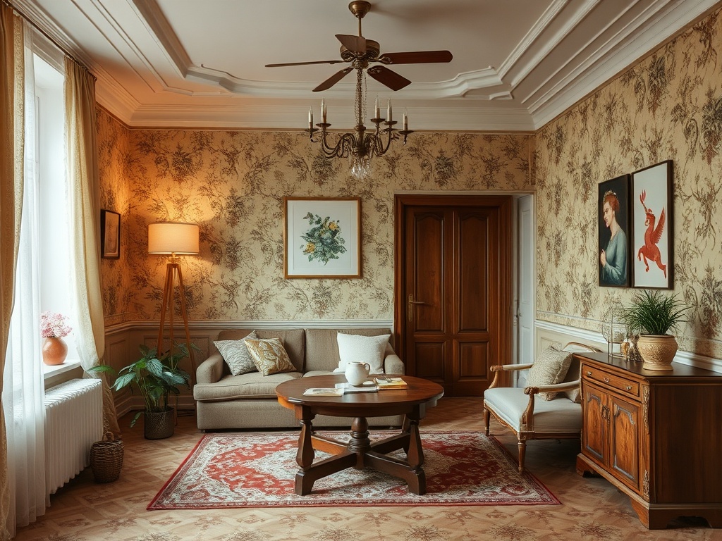 Уютная гостиная с диваном, столом, картинами и растениями на фоне жёлто-коричневых обоев.