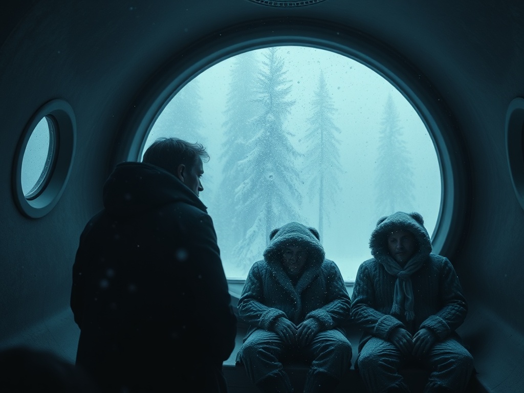 Трое людей в зимней одежде сидят в помещении с круглым окном, за которым снежный лес. Сцена полна тишины.