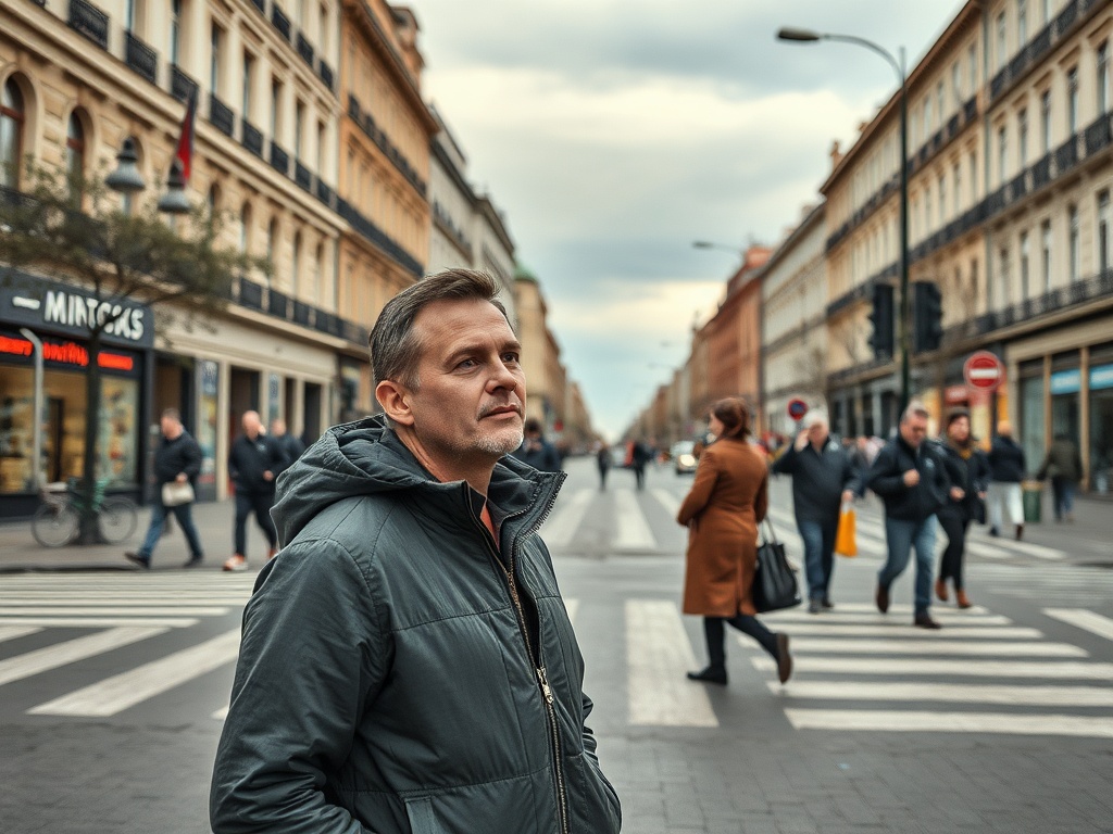 На улице мужчина смотрит вдаль, вокруг множественные прохожие и здания с магазинами. Осень.