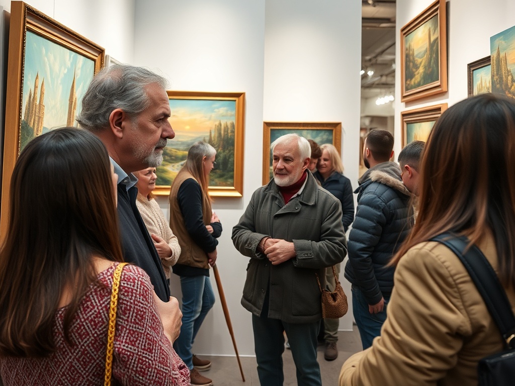 Посетители обсуждают картины на выставке в художественной галерее. Вокруг множество живописных работ.