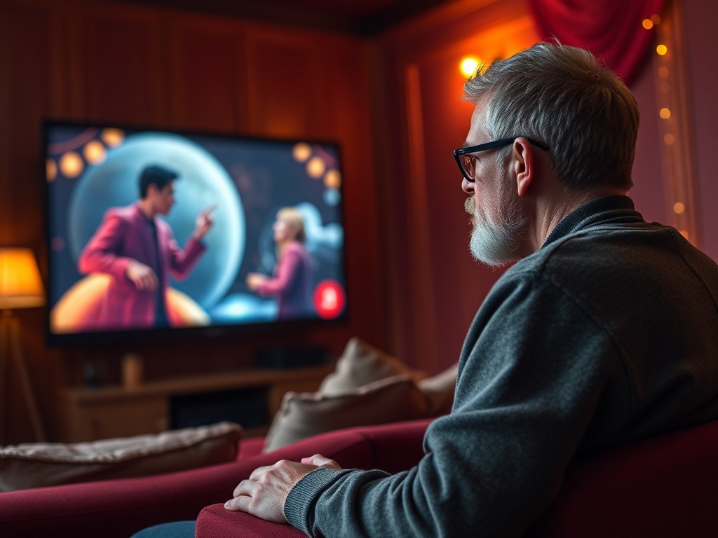 Пожилой мужчина смотрит телевизор, на экране изображены сценки с персонажами на фоне планет.