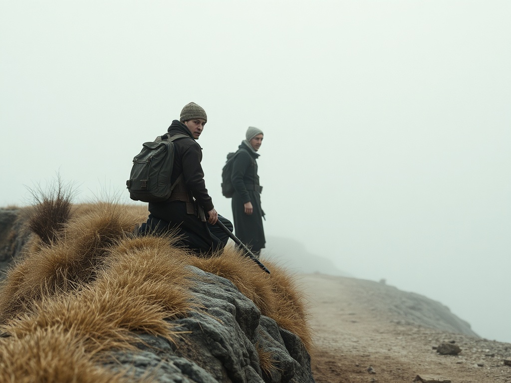 Два человека на обрыве среди туманного пейзажа, один с рюкзаком, другой с палкой.