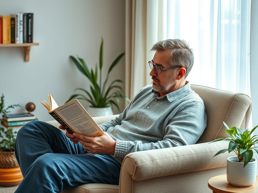Мужчина читает книгу в уютной комнате с растениями и полкой с книгами. Светлое и спокойное окружение.