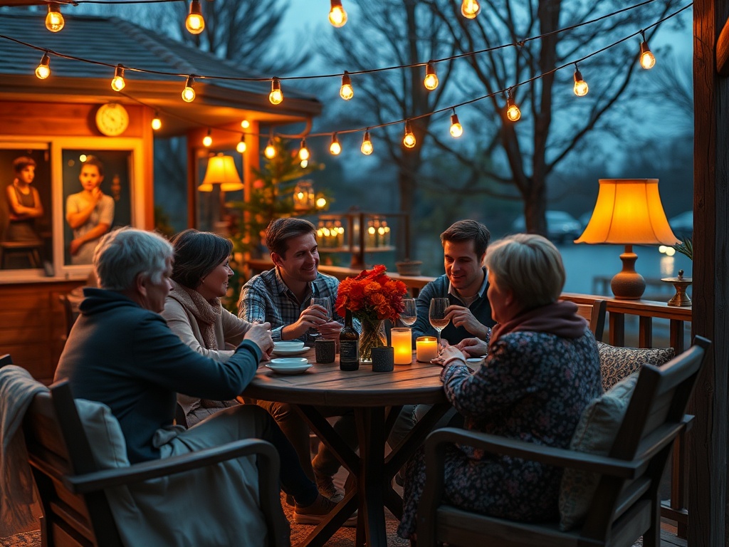Группа людей сидит за столом на веранде, уютно общаясь при теплом свете лампочек и свечей.