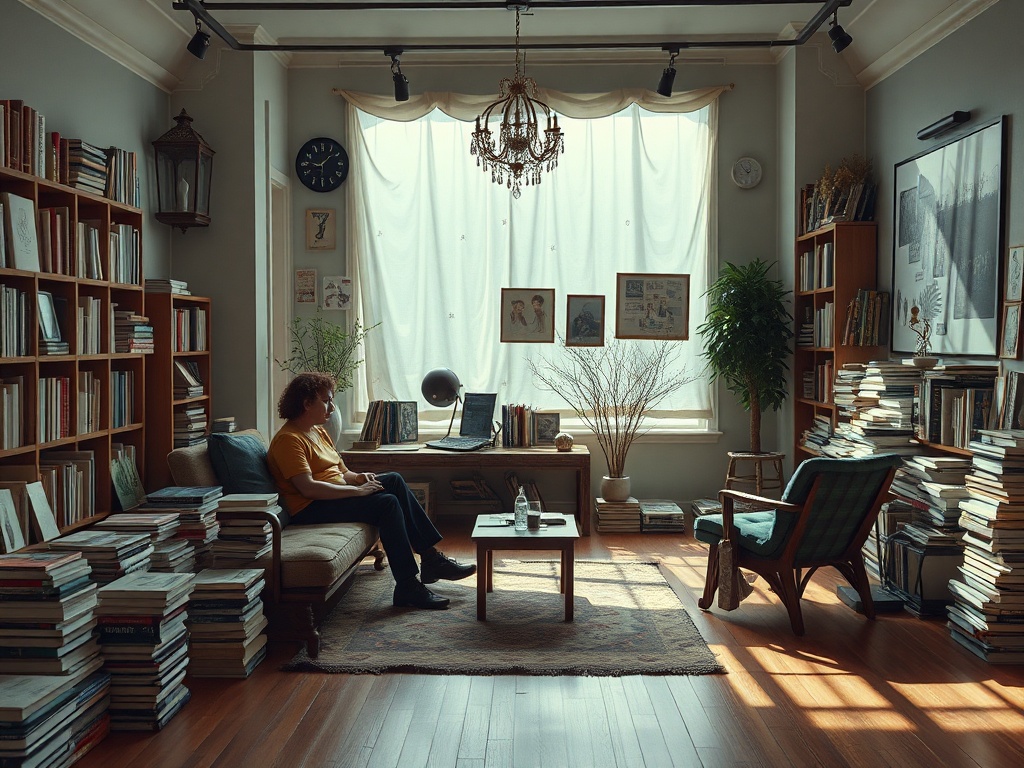 Уютный кабинет с книгами, ярким светом, растениями и человеком, читающим у окна.