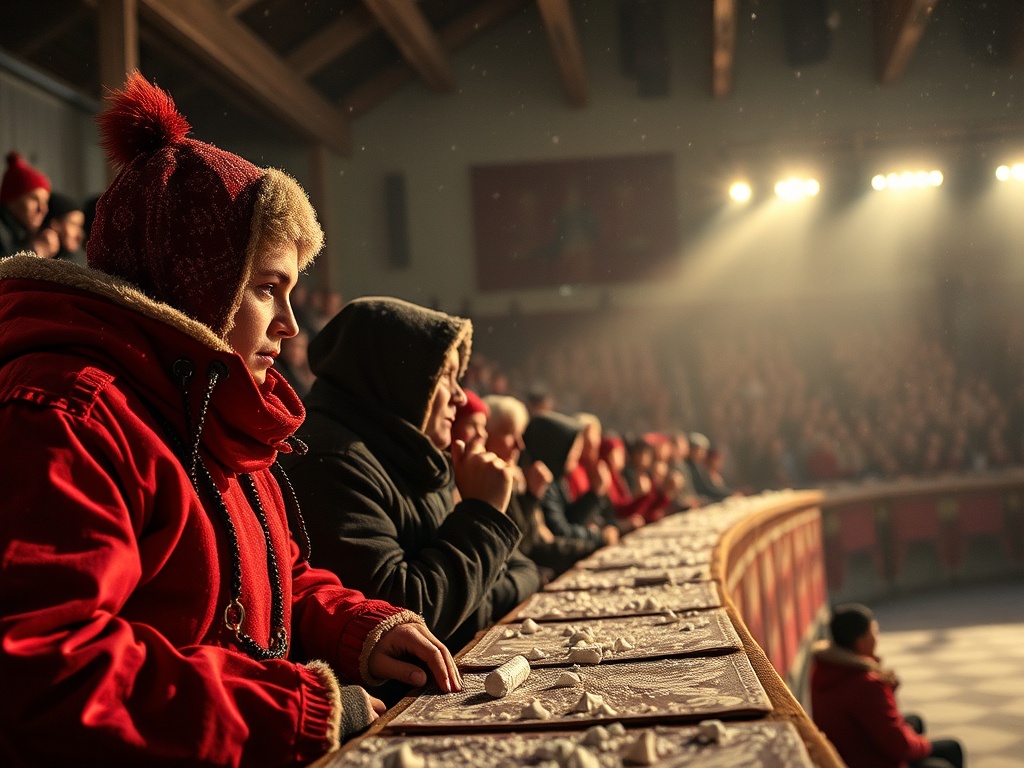 Зрители в зимней одежде ожидают выступление в зале, освещенном мягким светом и покрытом снегом.