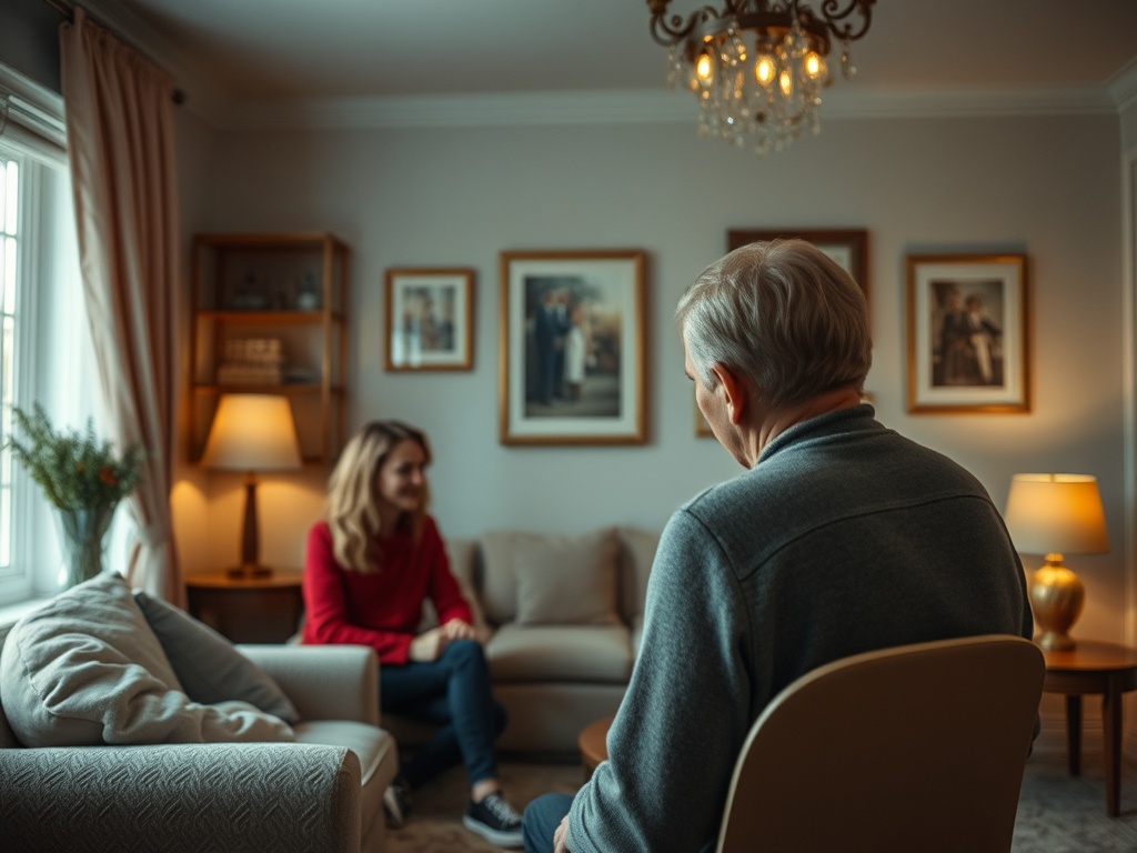 В уютной комнате разговор между женщиной и мужчиной, мягкий свет и картины на стенах создают атмосферу уюта.