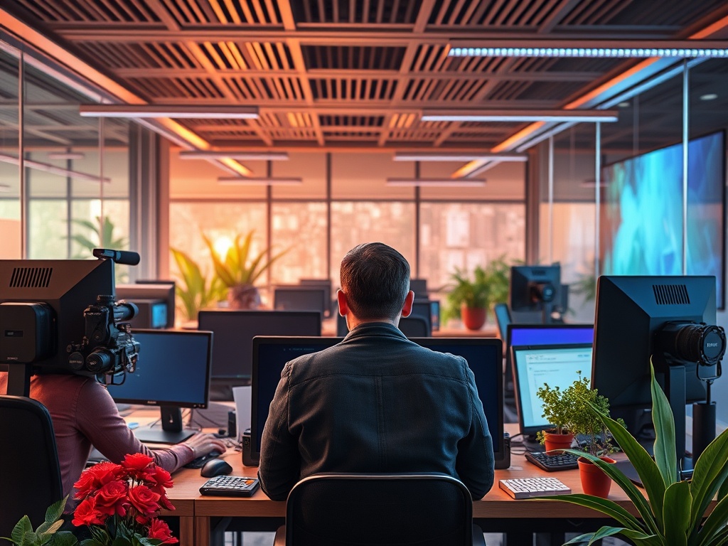 Офис с несколькими компьютерами, человек сидит спиной к камере, на столе растения и цветы.