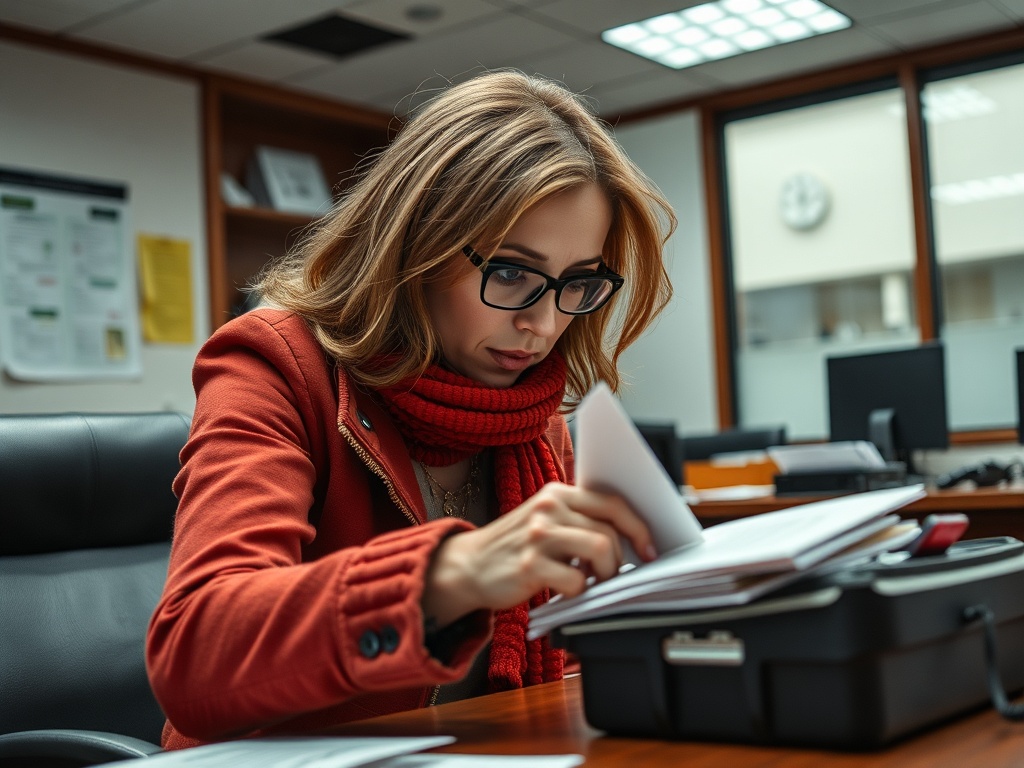 Женщина в очках изучает документы в офисе, сидя за столом. На ней красная куртка и шарф.