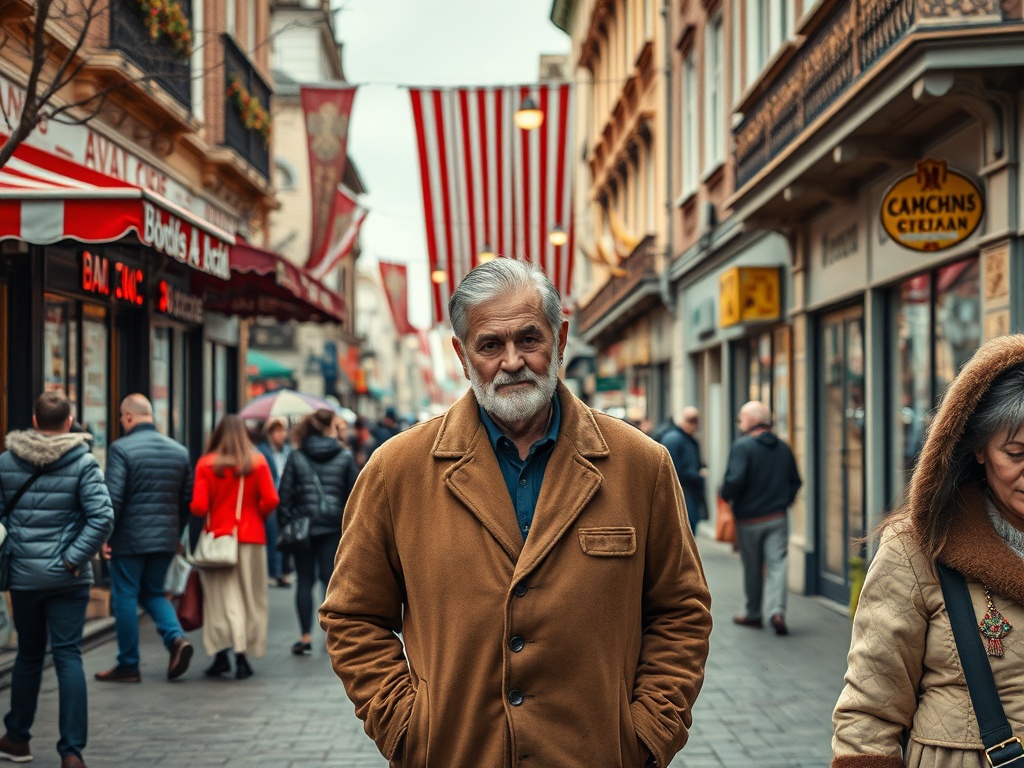 Пожилой мужчина в коричневом пальто на оживлённой улице с магазинами и флагами в небе.