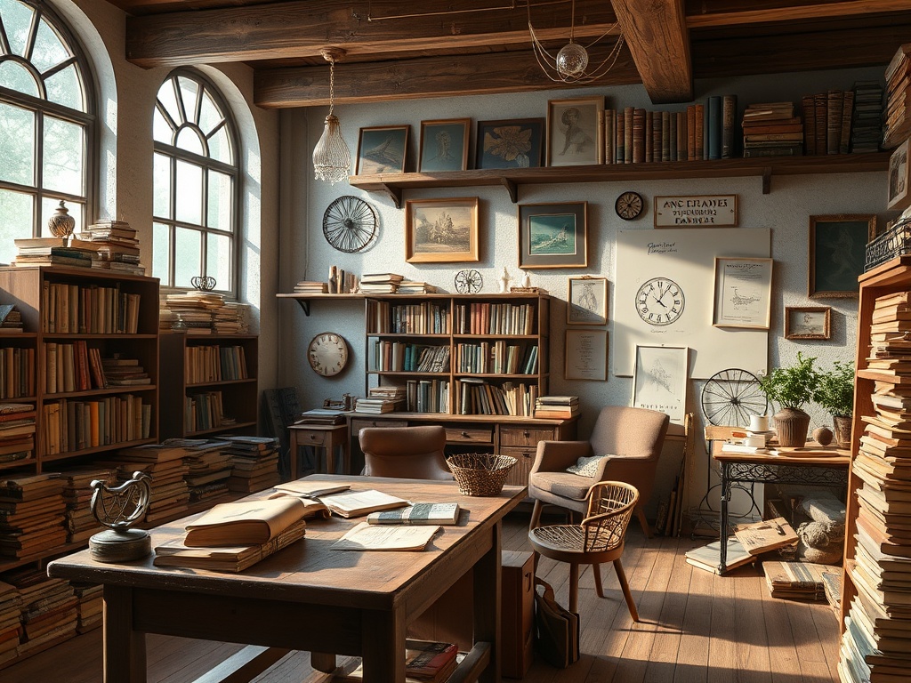 Уютная библиотека с деревянной мебелью, книгами на полках, картинами и светлые окна.