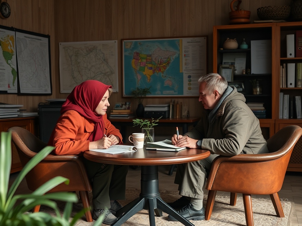 На изображении мужчина и женщина обсуждают что-то за круглым столом, окружённые картами и книгами.