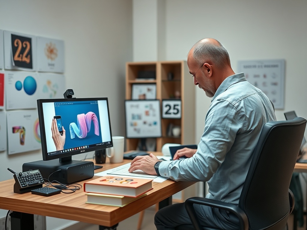 Человек работает за компьютером, создавая 3D-модель, используя телефон и графический планшет.