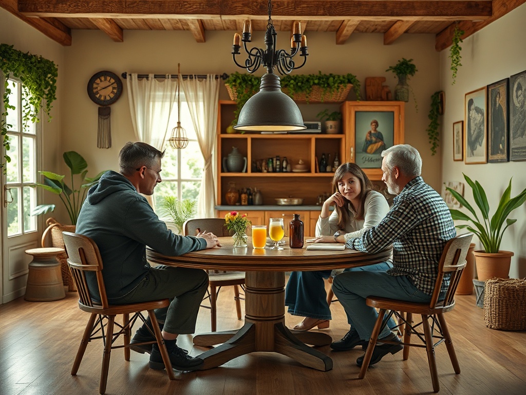 Трое людей обсуждают что-то за столом в уютной кухне, на столе напитки и цветы. Зеленые растения вокруг.