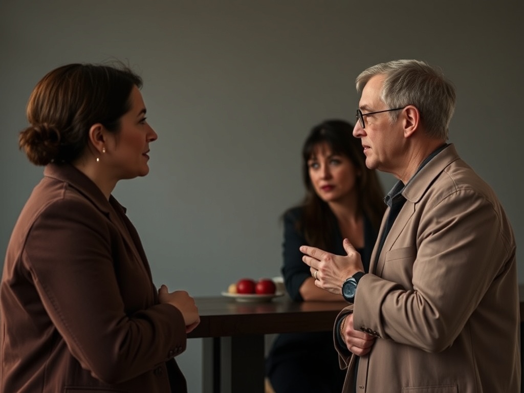 Трое людей беседуют в помещении. Двое смотрят друг на друга, третья женщина слушает. На столе красные яблоки.
