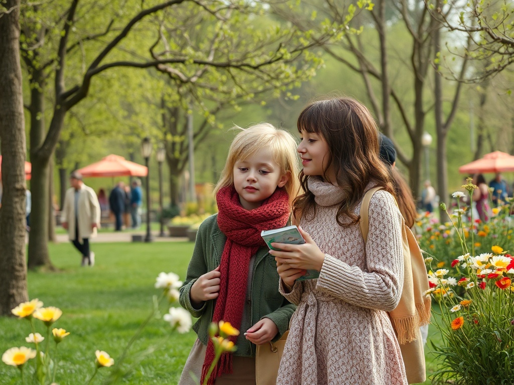 Две девочки в парке среди цветов, одна держит телефон и улыбается, другая внимательно её слушает.