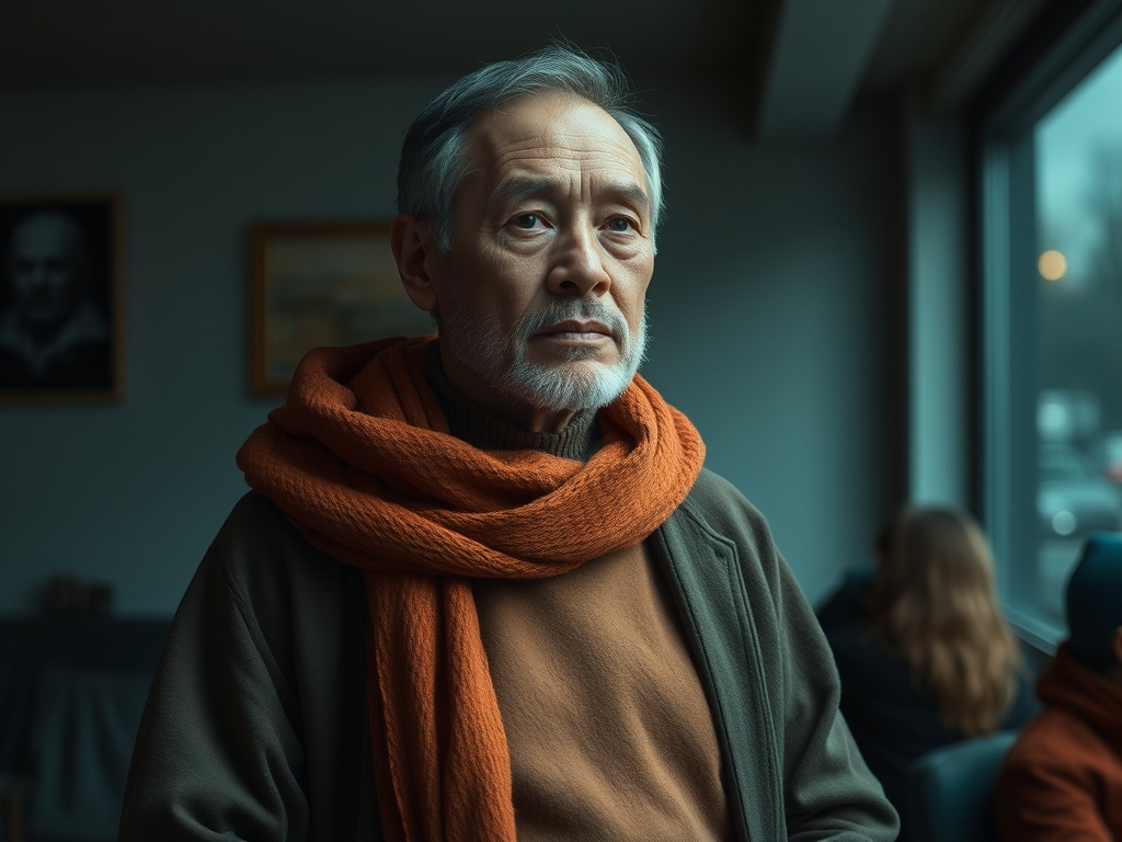 Пожилой мужчина с бородой в оранжевом шарфе, задумчиво смотрит в окно кафе.