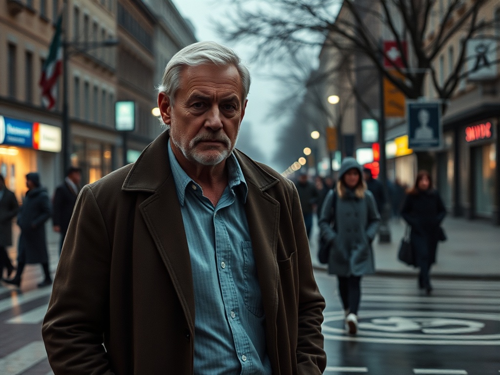 На улице серый день, пожилой мужчина стоит на первом плане, вокруг много прохожих. Светит тусклый свет.