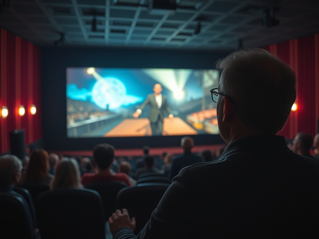 Зритель сидит в темном кинозале, смотря на экран с анимацией и выступлением человека в костюме.