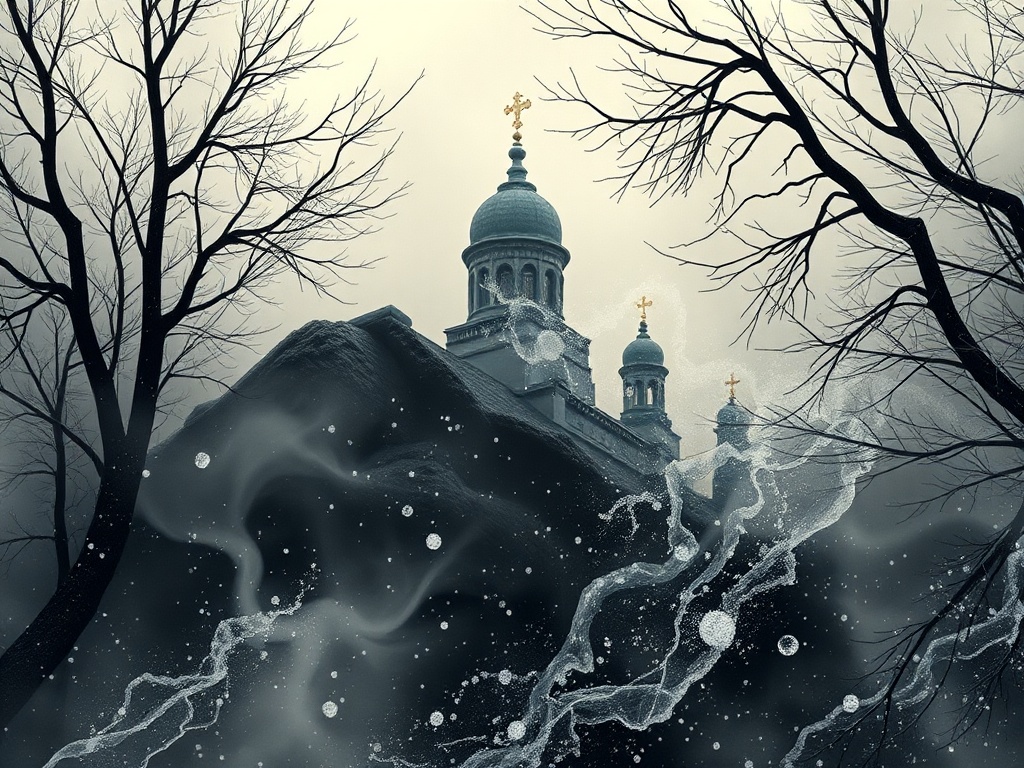 Заброшенная церковь на фоне тумана и ветвящихся деревьев, окутанная мистической атмосферой.