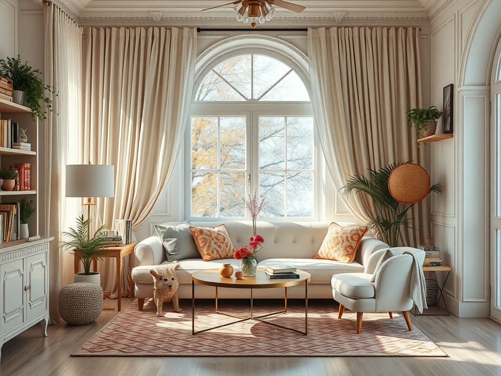 Светлая гостиная с диваном, столиком и уютным источником света, оконный вид на осенние деревья.