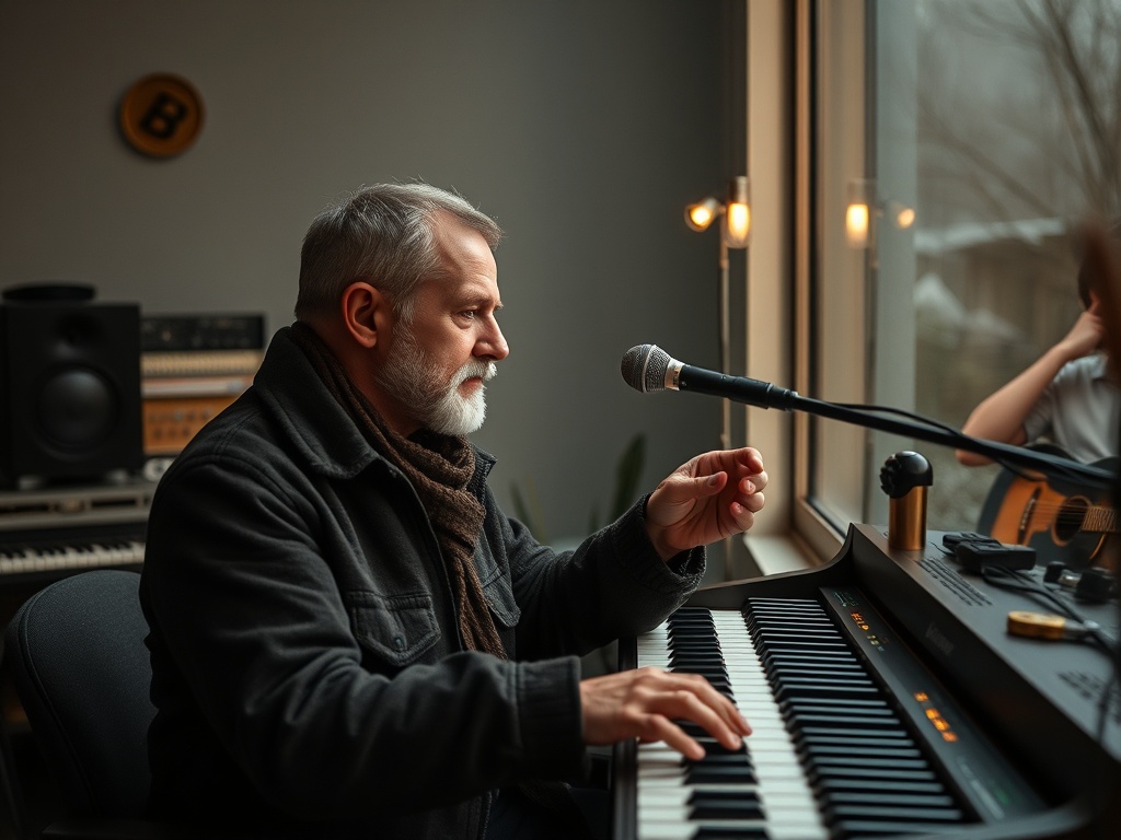 Пожилой музыкант играет на клавишах и поет в уютной комнате у окна, рядом с ним гитара.