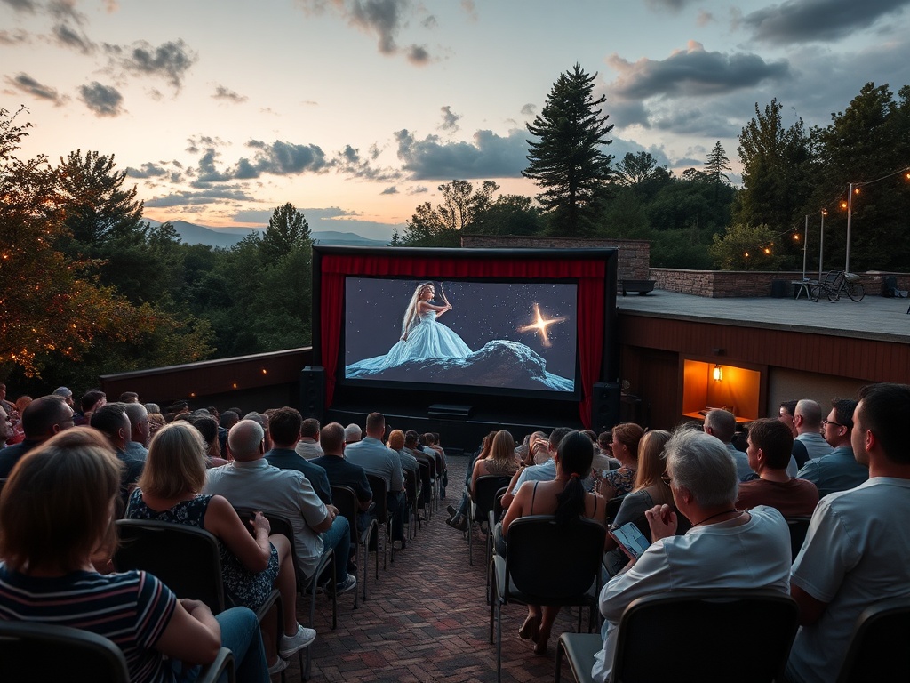 На открытом кинотеатре люди смотрят фильм на фоне заката и окружающей природы.